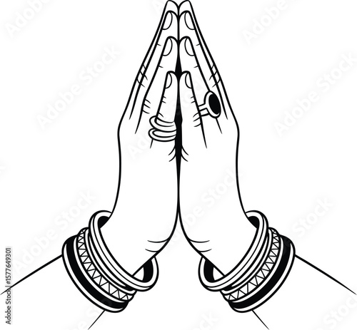 A black and white line art illustration of two hands clasped in prayer.