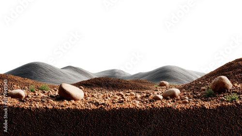 Barren Earth and Rocky Landscape: A detailed illustration of a barren landscape showcasing the textured composition of dry soil, interspersed with small stones, and the silhouette of a rolling hill.