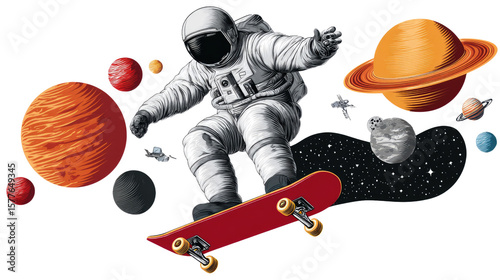 Cosmic Skater: An astronaut gracefully navigates the cosmos on a skateboard, symbolizing innovation, exploration, and boundless possibility. Blending futuristic technology with the thrill of sport.