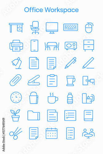 A collection of outlined office workspace icons, including desk, chair, computer, and other common office supplies.
