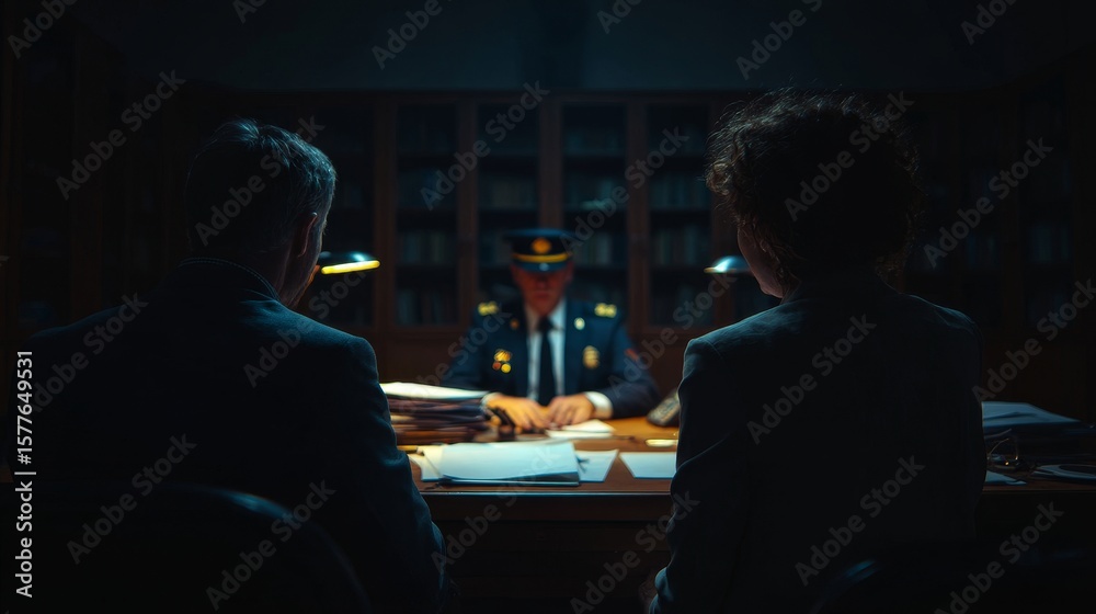 Fototapeta premium Late-night legal consultation in a public office, a professional lawyer and his client sit side by side, facing a man in uniform behind a desk. Papers and folders on the table