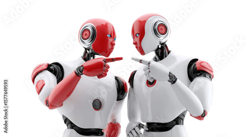 Red and White Robots Arguing: Two futuristic robots, sleek and polished in red and white, engage in a tense discussion, their index fingers pointed accusingly at each other.  The robots' expressions.