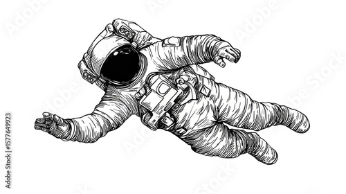 Astronaut in Space: A detailed line drawing of an astronaut floating in the vast expanse of space, conveying a sense of wonder and the exploration of the unknown.