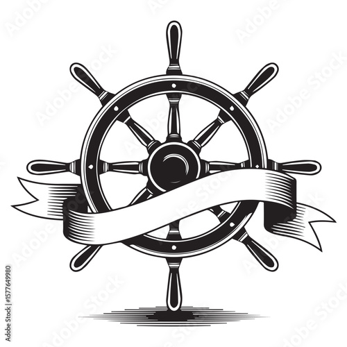 Classic black and white ship s wheel emblem with a banner for text and nautical design elements