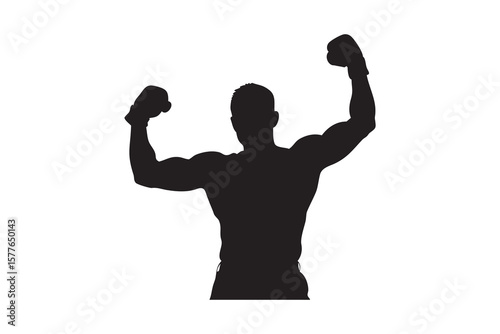 Victorious Boxer Silhouette with Raised Arms Celebrating Victory in the Ring Showing Strength and Determination in a Powerful Silhouette