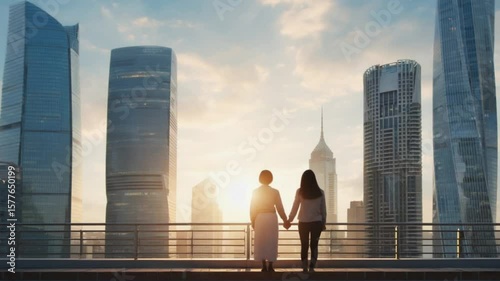 Two women holding hands on a rooftop overlooking a modern city skyline at sunset
