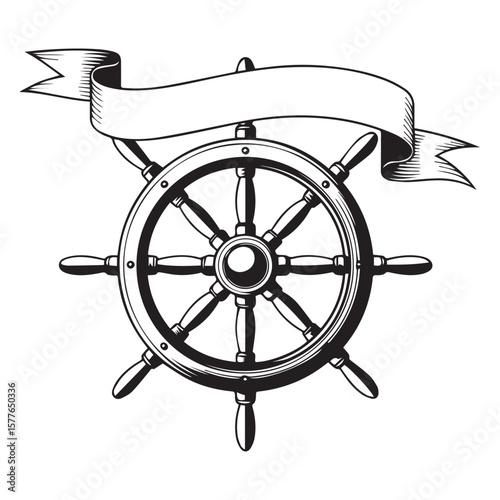 Vintage nautical ship s wheel with a blank ribbon banner for text in a classic black and white illustration style