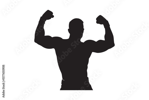 Powerful Muscular Man Flexing Biceps in Silhouette Style Displaying Strength and Fitness Isolated on White Background silhouette