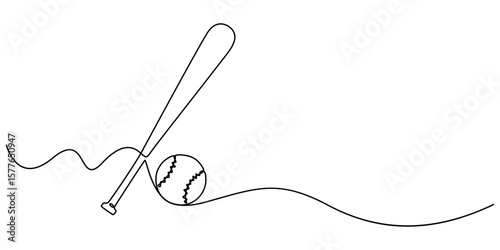 Continuous one line drawing of baseball bat and the ball. Simple Baseball bat line art vector illustration, Baseball bat and baseball ball icon in thin line style, white background editable stroke. 