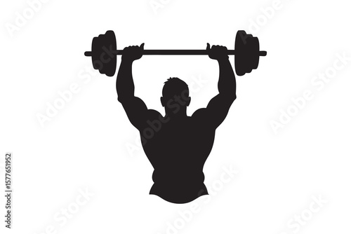 Strong Bodybuilder Lifting Heavy Barbell Overhead in Gym Rear View Showing Muscular Back and Arms in a Dramatic Silhouette style silhouette