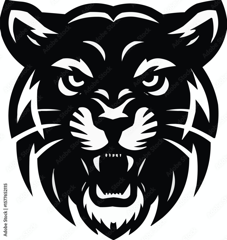Obraz premium Vector art of a fierce black and white illustration of a roaring panthers head, detailed and graphic