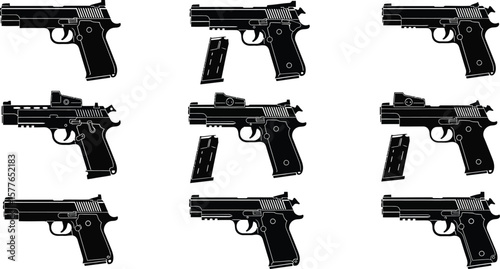 A graphic representation of nine black pistols with varying designs and magazine placements