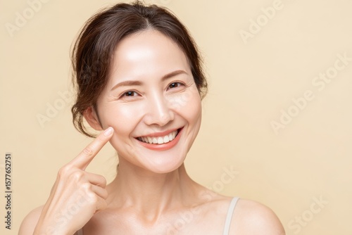 Joyful woman is smiling and pointing to her cheek, showcasing her radiant skin against soft beige background. Her expression conveys happiness and confidence, highlighting her natural beauty