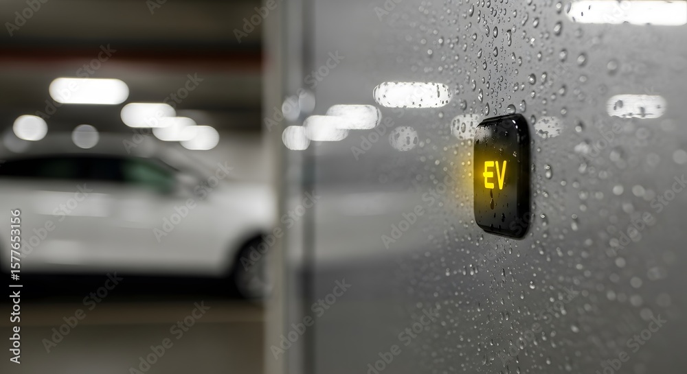 Obraz premium Electric vehicle charging station with a glowing symbol and blurred background of a car parked in a modern garage environment. Raindrops on the wall enhance the mood.