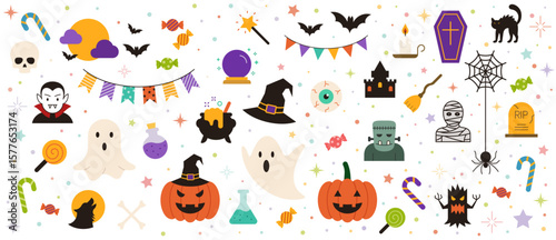 Halloween element set. Design for web banner, scrapbook, greeting card, invitation, poster, template, tag, stickers and party clipart. Vector illustration.