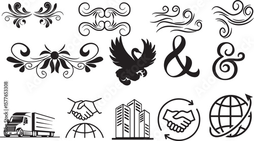 Business and decorative elements including ornate swirls and icons
