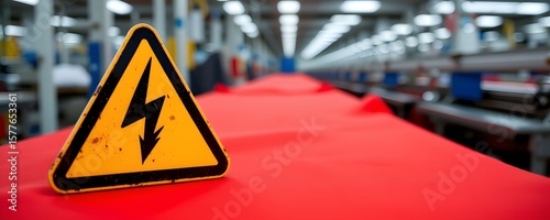 Caution Sign at Factory: Highlighting workplace safety, a vivid yellow triangle with a lightning bolt warns of electrical hazards, in a setting of an active industrial environment.