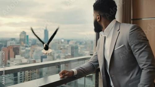 Businessman gazes at urban skyline from high-rise window, contemplating future opportunities