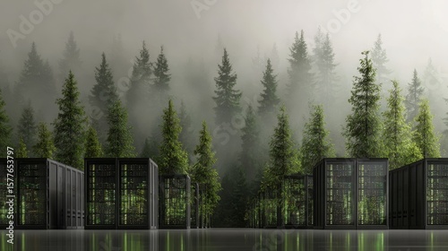 Modern data center with green forest background