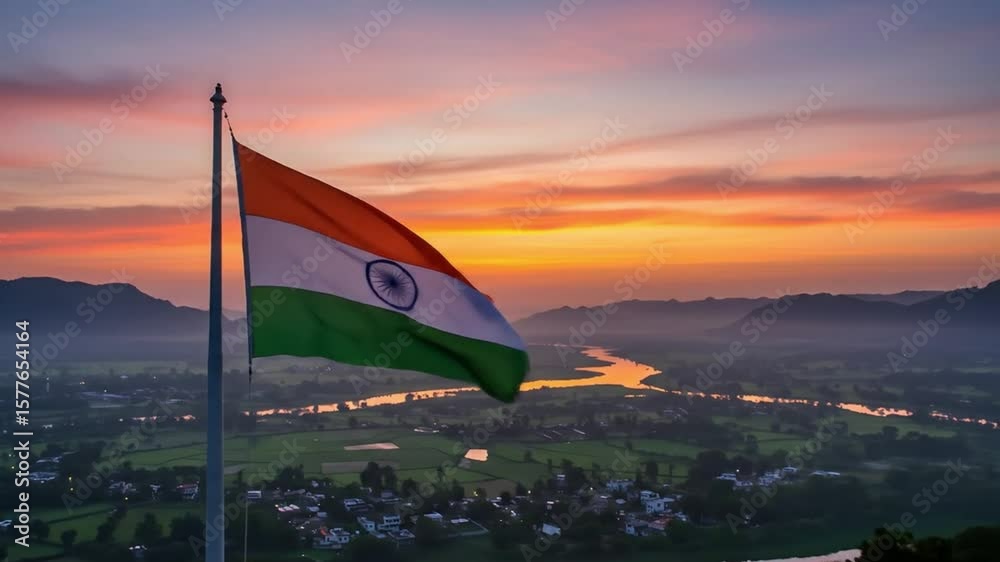 The Indian national flag is seen gracefully fluttering atop a tall flagpole with a vivid sunrise in the background