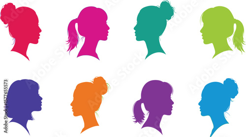 Colorful silhouettes of women's heads with various hairstyles arranged in a grid pattern