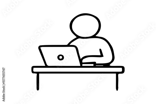 The image shows a simple black-and-white line drawing of a person working on a laptop. The figure is seated at a table, facing the screen, with one hand on or near the keyboard.