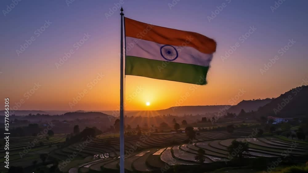 Indian national flag is seen fluttering gently at sunrise with warm golden colors