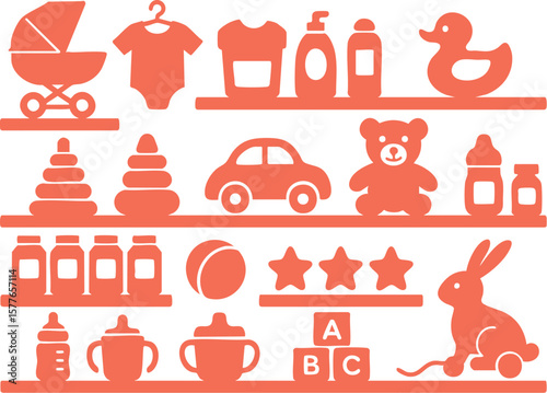 Flat Icon Set of Baby Products and Toys