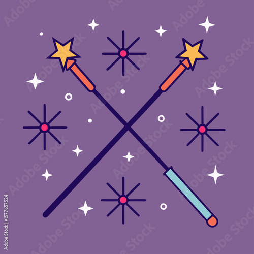 Magical sparklers crossed with stars and fireworks on a purple background