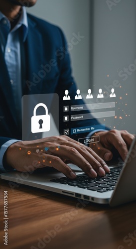 Secure login process with digital authentication overlay. Cybersecurity professional accessing protected account. Modern user verification interface.