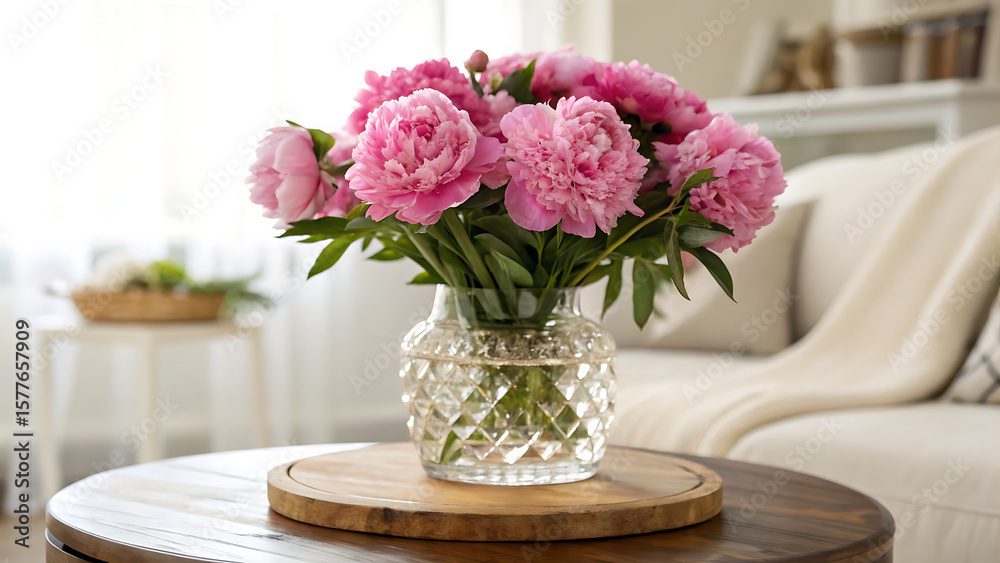 Obraz premium Pink tulips in a vase, a beautiful floral spring arrangement on a table