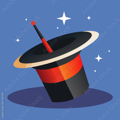 Classic magician s top hat with a wand and sparkling stars on a blue background