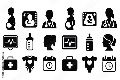 Pregnant woman doctor ultrasound baby bottle medical monitor baby clothes calendar