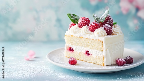 Wallpaper Mural Sweet dessert on white plate, delicate presentation, soft pastel background Torontodigital.ca