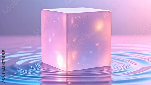 Immerse yourself in a scene where a noise hazy abstract cube rotating in rhythmic pulses is submerged in an ocean of soft pastel gradients, its edges shimmering with iridescent highlights