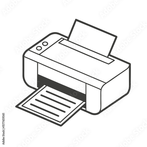 Black and white line art of a printer with paper printing output
