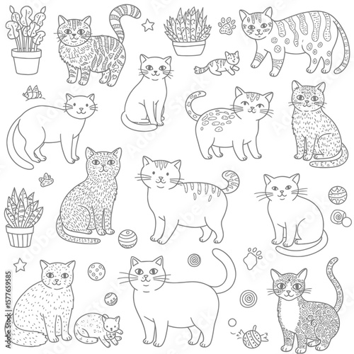 Playful Cats and Plants: A Whimsical Coloring Page Design