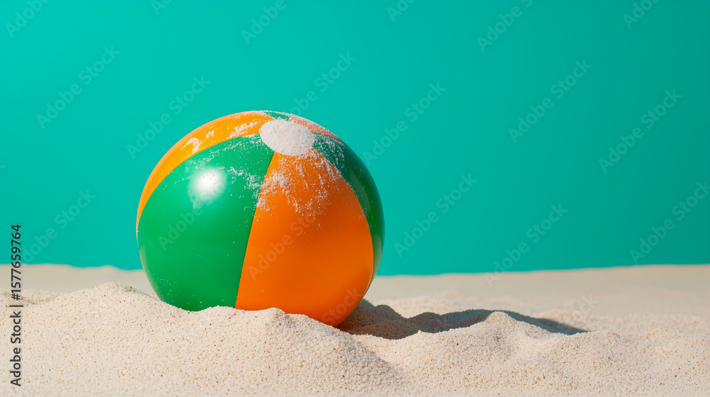 Obraz premium green and orange beach ball in the sand on a teal background