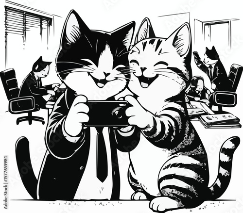 Vector art of two cats in business attire take a selfie in a modern office setting
