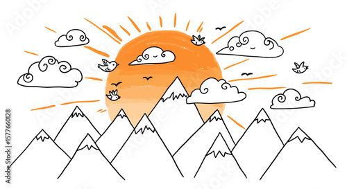 Mountains, Sun, and Clouds: Whimsical Landscape Art for a Bright Day