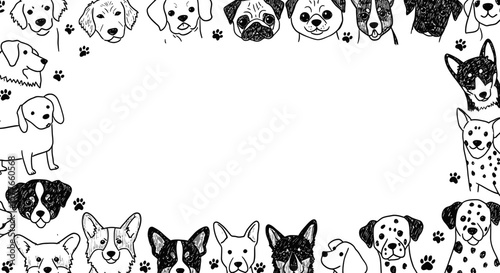 Hand-drawn dog frame border with paw prints, cute cartoon illustration