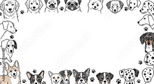 Fun hand-drawn dog breeds forming a rectangular frame illustration