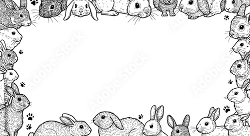 Cute Bunny Rabbits Frame Border Illustration with Animal Footprints
