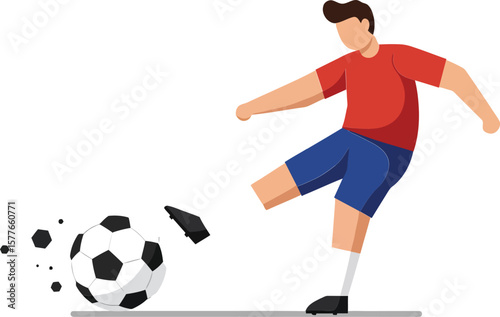 Soccer player kicking black and white ball in dynamic pose vector illustration 