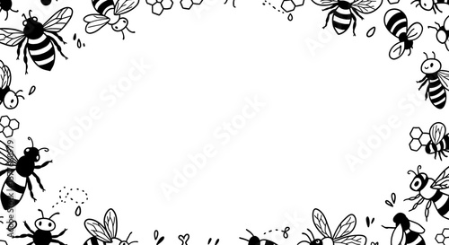 Bee-themed vector frame with honeycombs and cute cartoon bees
