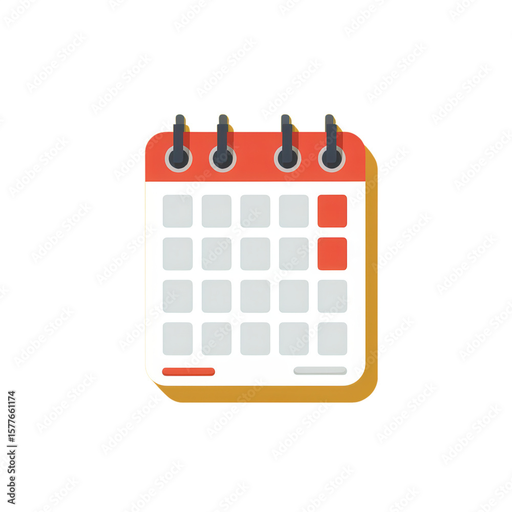 Flat calendar icon with red date highlights and spiral top binding rings.on transparent background Flat calendar icon with red date highlights and spiral top binding rings.on transparent background