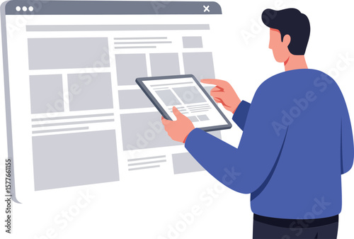 Man interacting with digital tablet in front of web browser interface vector illustration in blue clothing 