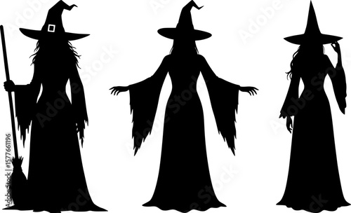 A collection of three mysterious black witch silhouettes wearing pointed hats, with one holding a broomstick for halloween designs