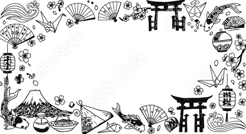 Japanese culture frame, border with traditional elements, line art