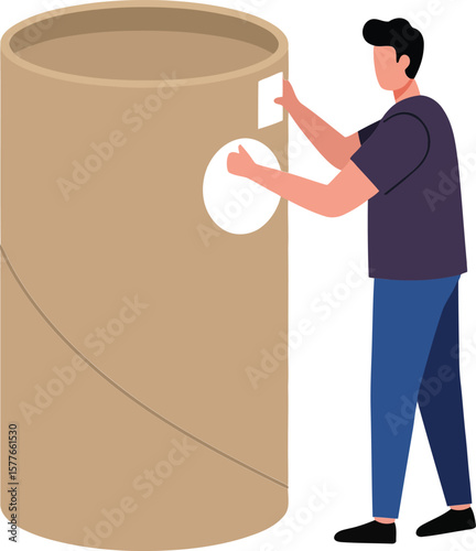 Man peeling label off large cylindrical cardboard container in minimalist style vector illustration 
